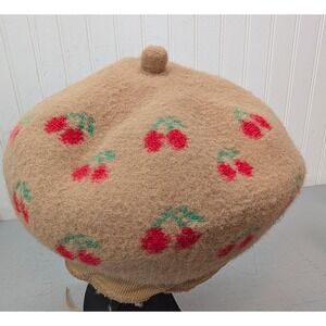 Maeve Anthropologie Wool Cherry Fruit Pattern Beret Hat Knit Tan Outdoor